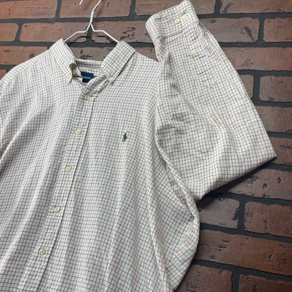 Polo Ralph Lauren Men's White Green Grid Classic Fit Button Down Logo Shirt